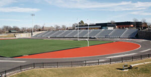 View of University Stadium, showing the new building on the east size