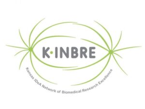 Logo for K-INBRE which includes depiction of abstract cell division surrounding the word "K-INBRE." Below the design is "Kansas IDeA Network of Biomedical Research Excellence."