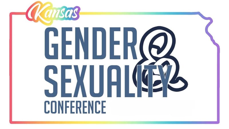 Image reads "Kansas Gender & Sexuality Conference" surrounded by the shape of the state of Kansas in rainbow colors.