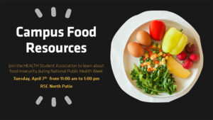 This image contains the text header campus food resources. Join the HEALTH Student Association to learn about food insecurity during National Public Health Week Tuesday, April 7th from 11:00 am to 1:00 pm. RSC North Patio. This image contains a photo of plate with eggs, fruits and vegetables.