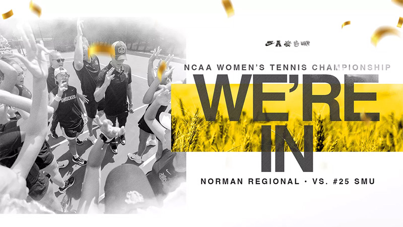 Members of the women's tennis team huddle and give the Shocker hand sign with the text NCAA Women's Tennis Championship: We're in