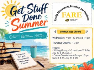 A summer-themed flyer shows a sun with a beach scene, with the title "Get Stuff Done Summer." Dedicated Time, Shared Accountability, Real Progress. Your progress, your goals. Your community helping it happen. The Office of Faculty Advancement, Retention, and Excellence is sponsoring Summer 2026 Groups. Wednesdays - 9 am - 12 pm and 1-4 pm, Thursdays Online, 1-3 pm, and Fridays - Writing Group 1-5 pm (June 12 and 26, July 10 and 24, August 7), and Course Development Group, 1-5 pm (June 5 and 19. July 17 and 31)