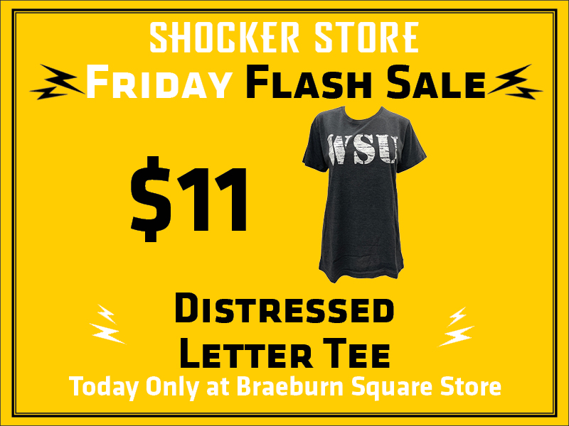 Shocker Store Friday Flash Sale. $11 distressed letter tee. Today only at Braeburn Square store.