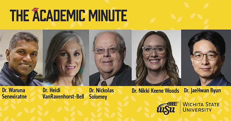 "The Academic Minute" and photos of each guest on a yellow background with white wheat kernels and WSU's logo