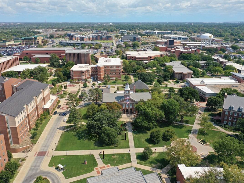 An overhead photo of Wichita State's campus with the Morrison Hall clock tower in the center