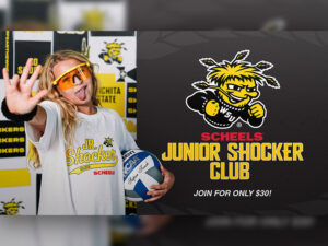 A Junior Shocker member poses with a volleyball on a graphic that highlights the SCHEELS Junior Shocker Club and the ability to join for only $30