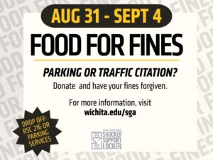 Promotional graphic for Wichita State University's Food for Fines program. Text reads: "Aug. 31 – Sept. 4. Food for Fines. Parking or Traffic Citation? Donate and have your fines forgiven. For more information, visit wichita.edu/sga." A starburst graphic notes drop-off locations: RSC 216 or Parking Services. The Kiah Duggins Shocker Support Locker logo appears at the bottom. The design uses black, white, and gold colors.