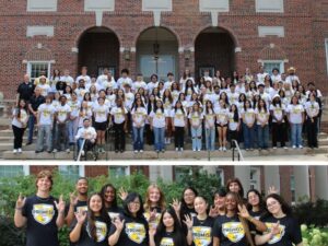 Two photos in the collage. The top photo shows all students in the program, along with administration, faculty, and staff. The bottom photo is of our mentors. They are all wearing Shocker Promise Academy logo shirts.