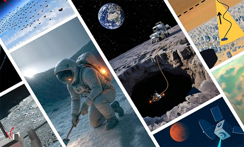 A collage of different images relating to spaceflight, including moon rovers and astronauts digging for samples.
