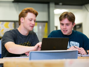 Students work together to help each other fill out a job application on a computer