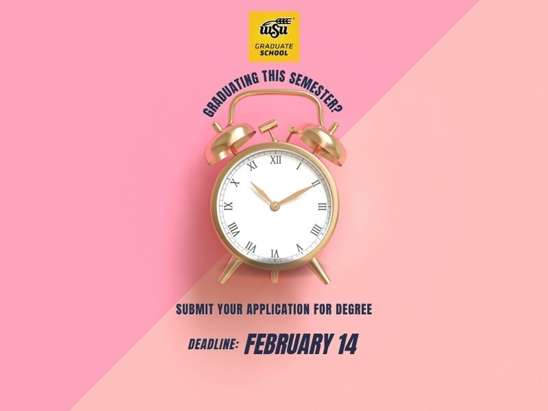 Retro twin bell alarm clock over a pink background. Accompanying text: Grad student, graduating this semester? Submit your application for degree. Deadline: September 15.