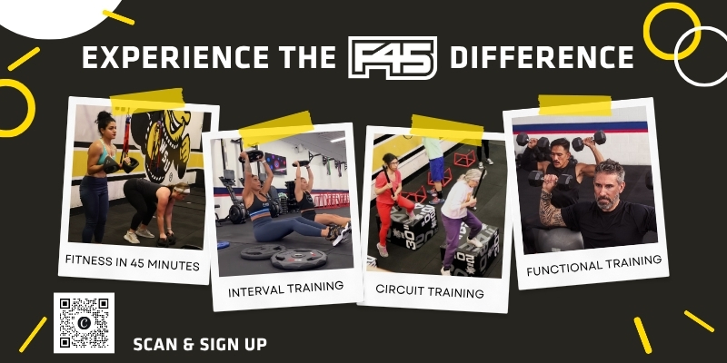 Experience the F45 Difference, 4 polaroid style photos of participants working out in an F45 studio, below the images are the phrases: Fitness in 45 minutes, nterval Training, Circuit Training, Functional Training. A QR code and the words scan & sign up