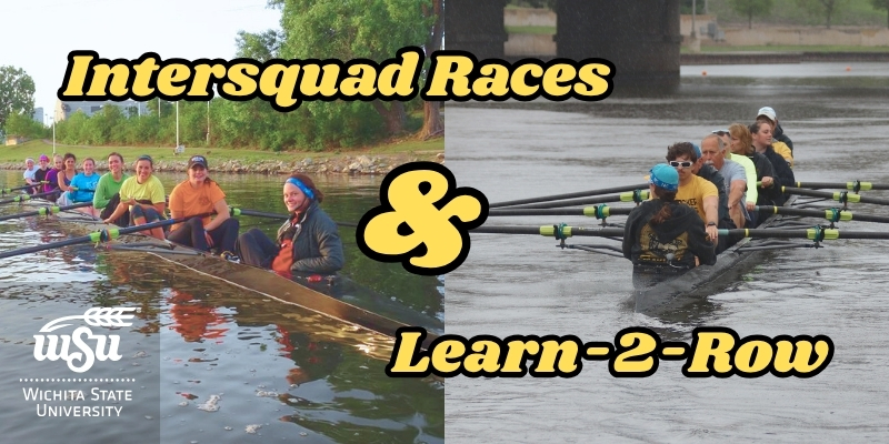 Two 8 person rowing shells on the water. Intersquad Races and Learn 2 Row with Shocker Rowing