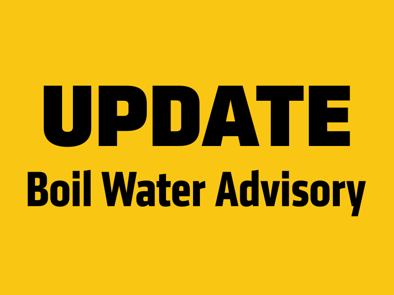 "Update. Boil Water Advisory" on a yellow background.