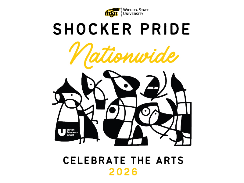 A graphic of the Personnages Oiseaux mural on the front of the Ulrich Museum of Art sits in the center of a white background with the text, "Wichita State University. Shocker Pride. Nationwide. Celebrate the Arts - 2026."