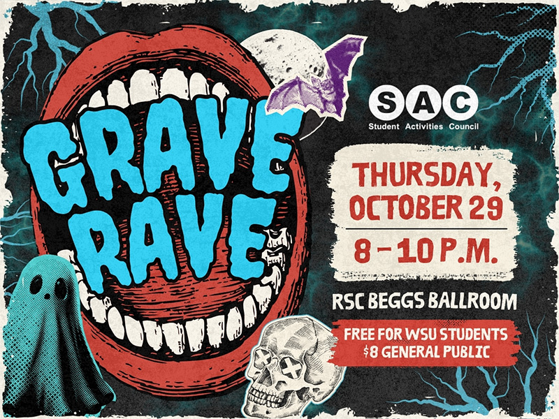 Illustration of a mouth with the words "Grave Rave" in them is surrounded by cutout art of Halloween items, like bats and ghosts.