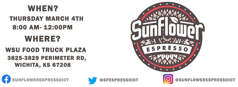 Two food trucks to be at the Food Truck Plaza on Thursday, March 4. Sunflower Espresso with be serving tasty coffees and other beverages between 8 a.m. to noon. Dr. Tawook is a new authentic Mediterranean food truck that uses locally grown ingredients. Dr. Tawook will be here between 11 a.m. to 1:30 p.m. Two food trucks to be at the Food Truck Plaza on Thursday, March 4. Sunflower Espresso with be serving tasty coffees and other beverages between 8 a.m. to noon. Dr. Tawook is a new authentic Mediterranean food truck that uses locally grown ingredients. Dr. Tawook will be here between 11 a.m. to 1:30 p.m.