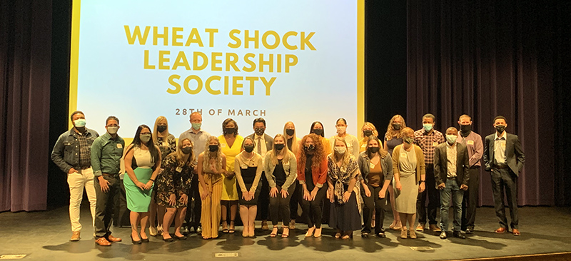The inductees of the Wheat Shock Leadership Society posing together for a photo. The inductees of the Wheat Shock Leadership Society posing together for a photo.
