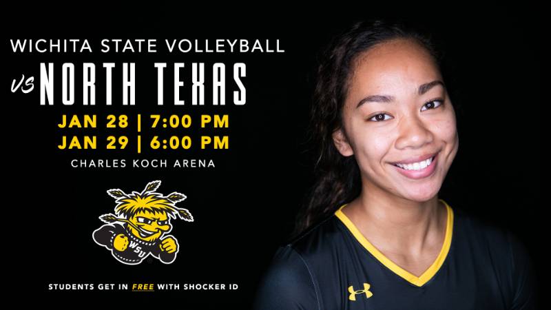 Wichita State Volleyball vs. North Texas; January 28 | 7 PM; January 29 | 6 PM; Charles Koch Arena; Students get in FREE with Shocker ID; Wichita State Volleyball vs. North Texas; January 28 | 7 PM; January 29 | 6 PM; Charles Koch Arena; Students get in FREE with Shocker ID;