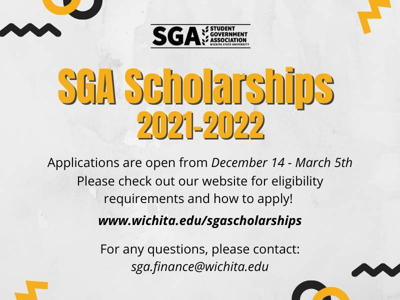 Gray background with the SGA logo at the top in black text below is "SGA Scholarships 2021-2022" in yellow text. Below that is the information that is included in the posting in black text. Gray background with the SGA logo at the top in black text below is "SGA Scholarships 2021-2022" in yellow text. Below that is the information that is included in the posting in black text.